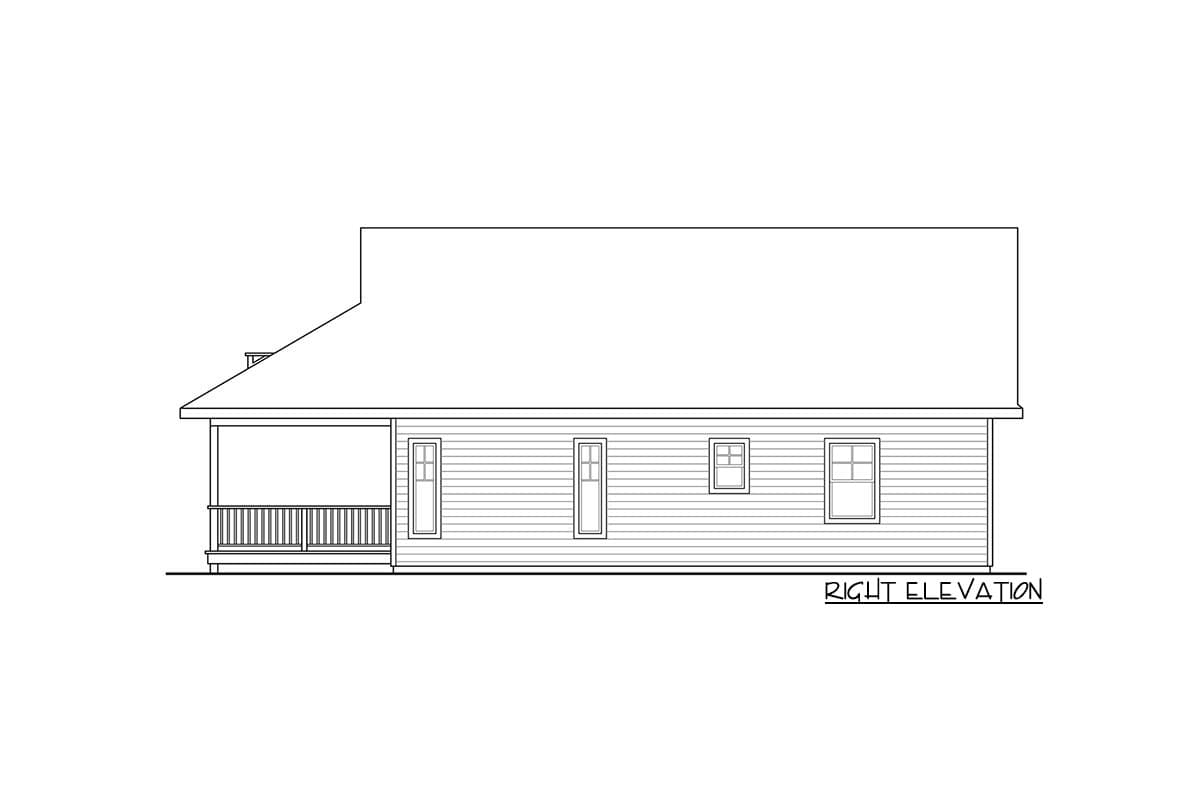 Right elevation house plan showing a covered porch, siding, and multiple windows.