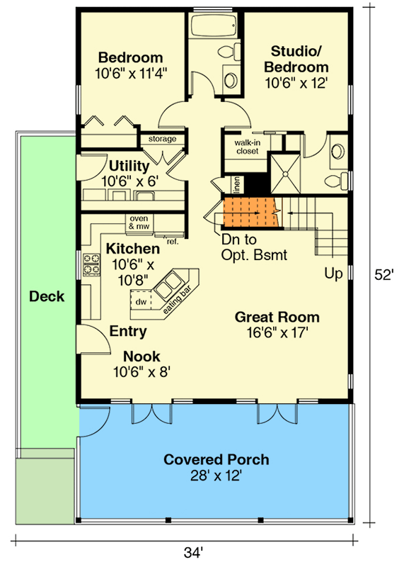 Plan 72781DA: Vacation Cabin With Bonus Above - Floor Plan - Main Level - Cottage, Country, Rustic, Vacation