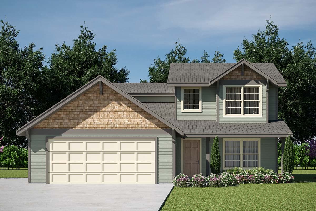 House plan exterior: two-story home with a prominent gable, cedar shake siding accent, and a side-facing garage.