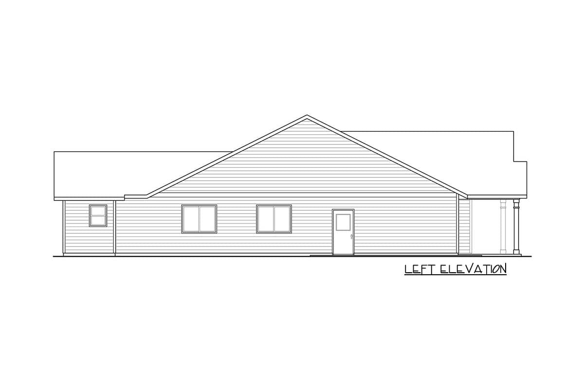 Left elevation house plan with siding, two windows, a door, and a covered porch area with columns.