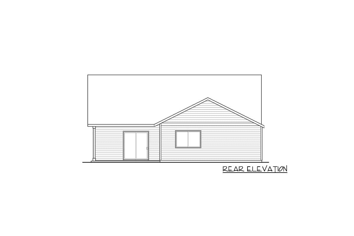 Rear elevation drawing of a house plan showing horizontal siding, a gable roof, a sliding glass door, and a double window.