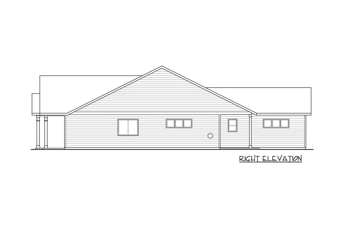 Right elevation drawing of a single-story house plan with a covered entrance, horizontal siding, and multiple windows.