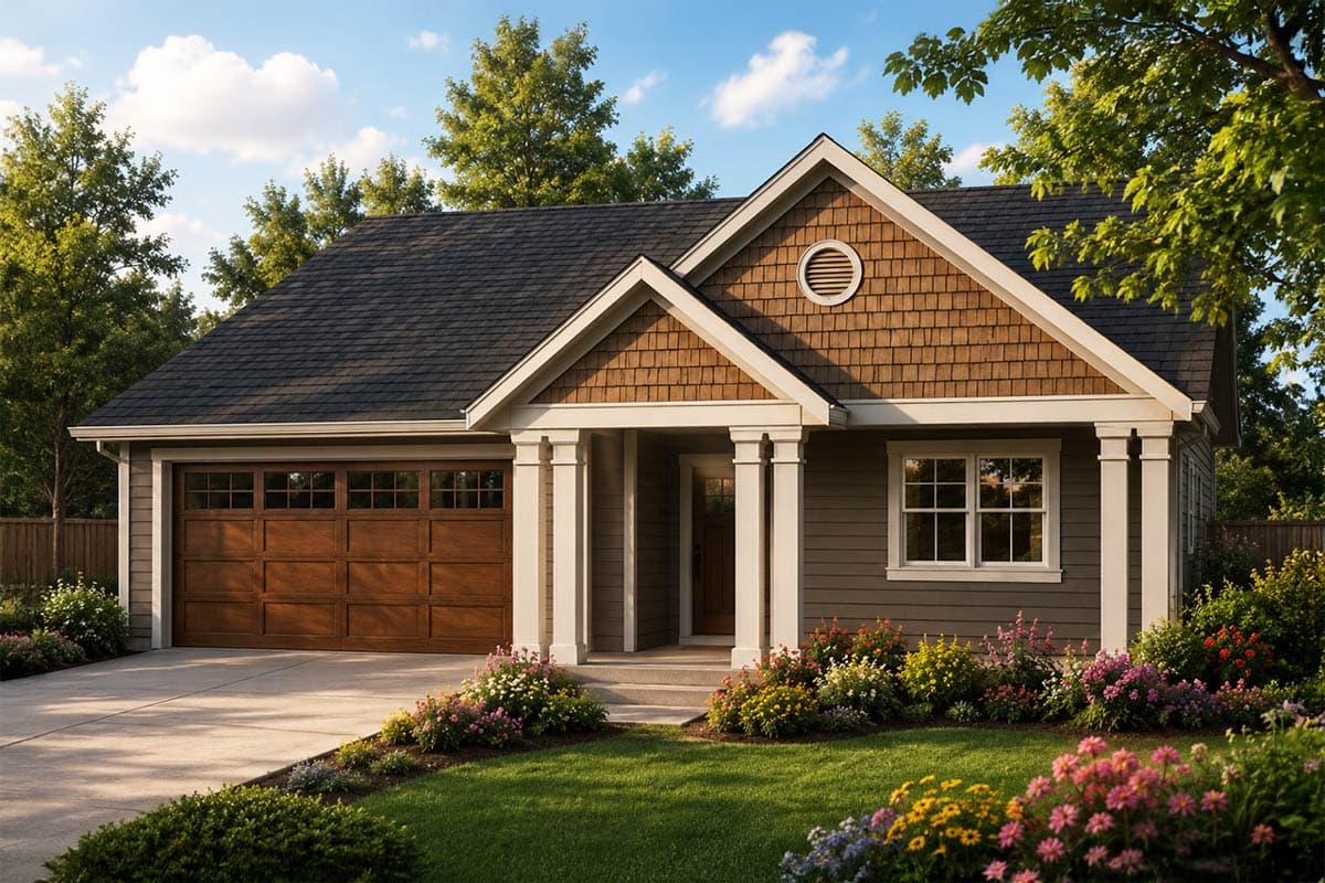 House plan exterior: Craftsman style, one story, with a prominent gable, circular vent, shingle siding, and a covered porch with square columns.