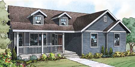 House plan exterior: Single-story home with a wide front porch, gabled dormers, and hip rooflines.