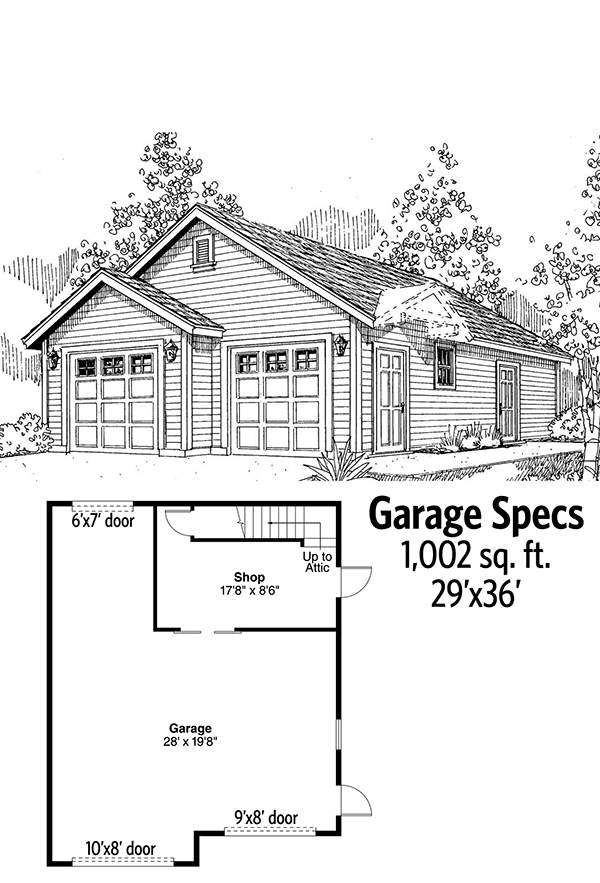 House plan exterior of a 1-story garage with two bays, gable dormer, and side entry.