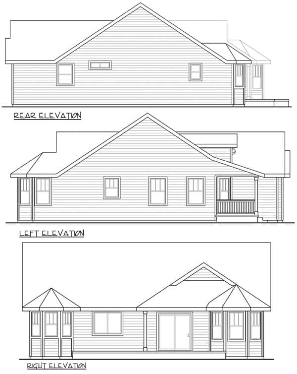 Architectural house plan elevations showing rear, left, and right views. Features include gables, dormers, porch, and bay windows.