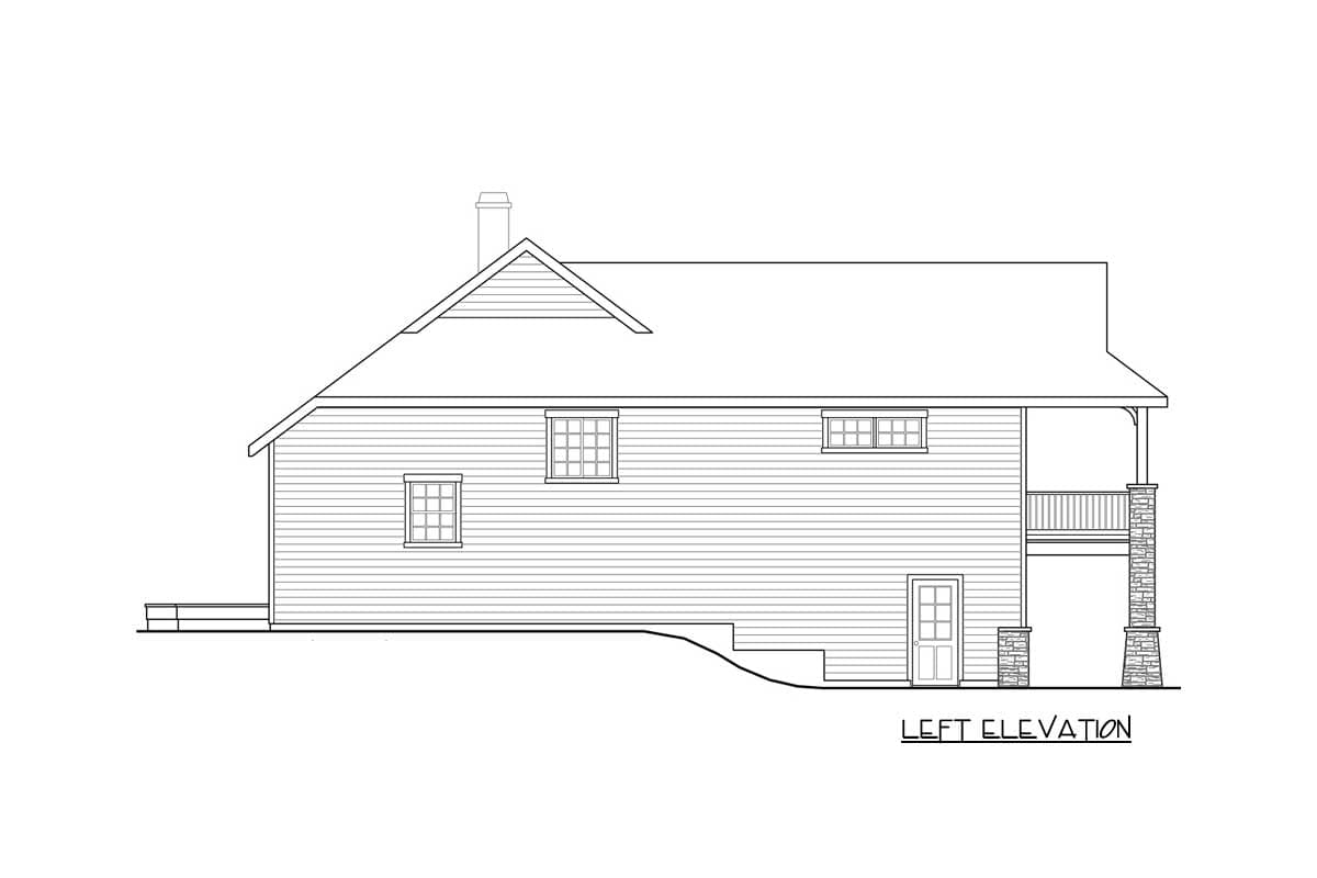 Left elevation drawing of a house plan showing a gable roof, windows, a door, and a porch with stone columns.