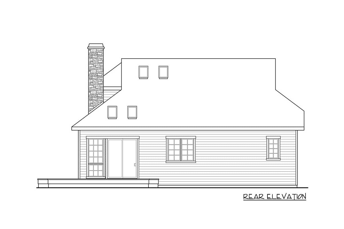 Rear elevation drawing of a house plan featuring a stone chimney, shed dormers, and a deck.