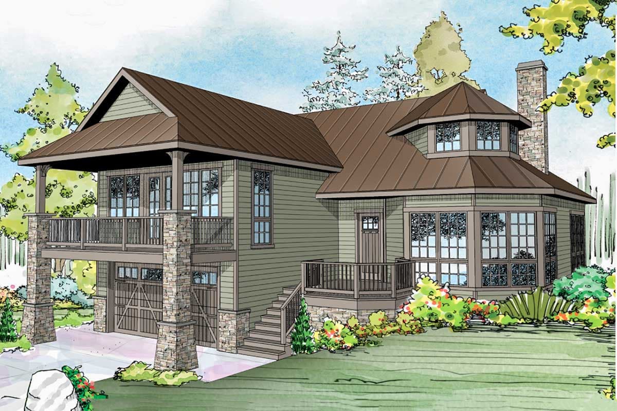 House plan exterior: Two-story home with a covered upper balcony, stone-clad pillars, multiple gables, and an octagonal bay window.