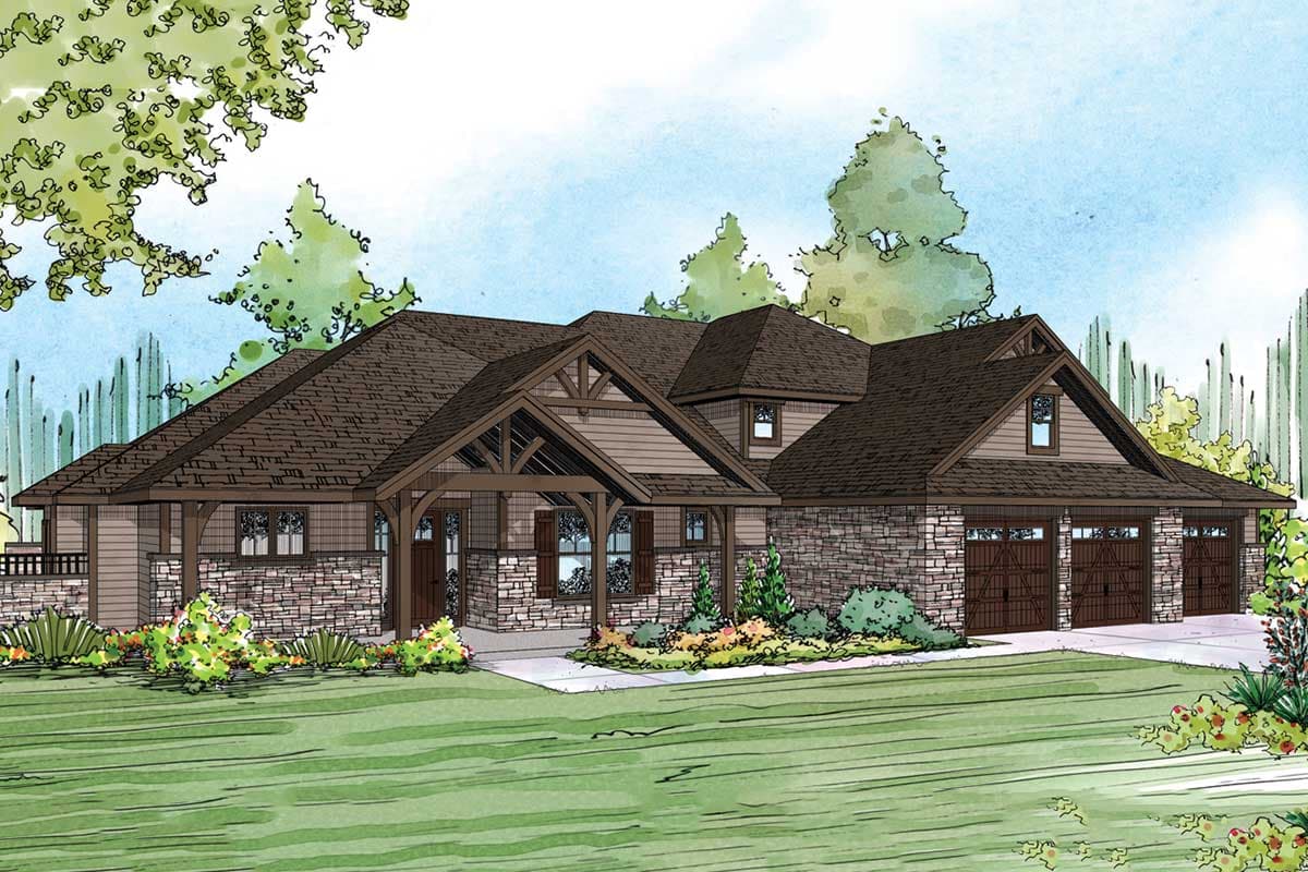 Craftsman house plan exterior: one story, stone and wood siding, covered porch with exposed beams, and a three-car garage.