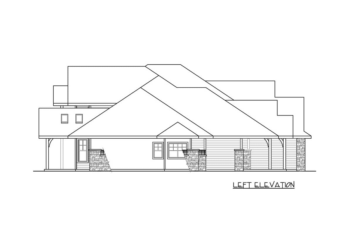 Left elevation drawing of a multi-story house plan with stone accents and gabled rooflines.