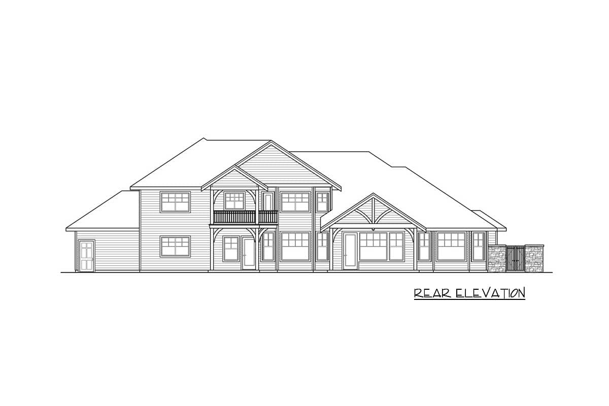 Rear elevation house plan featuring a two-story balcony, multiple gables with decorative bracing, and a covered patio.
