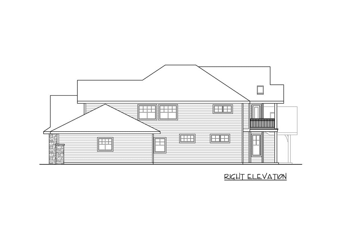 Right elevation house plan showing a multi-story building with a gabled roof, dormer, stone accent column, and upper-level balcony.