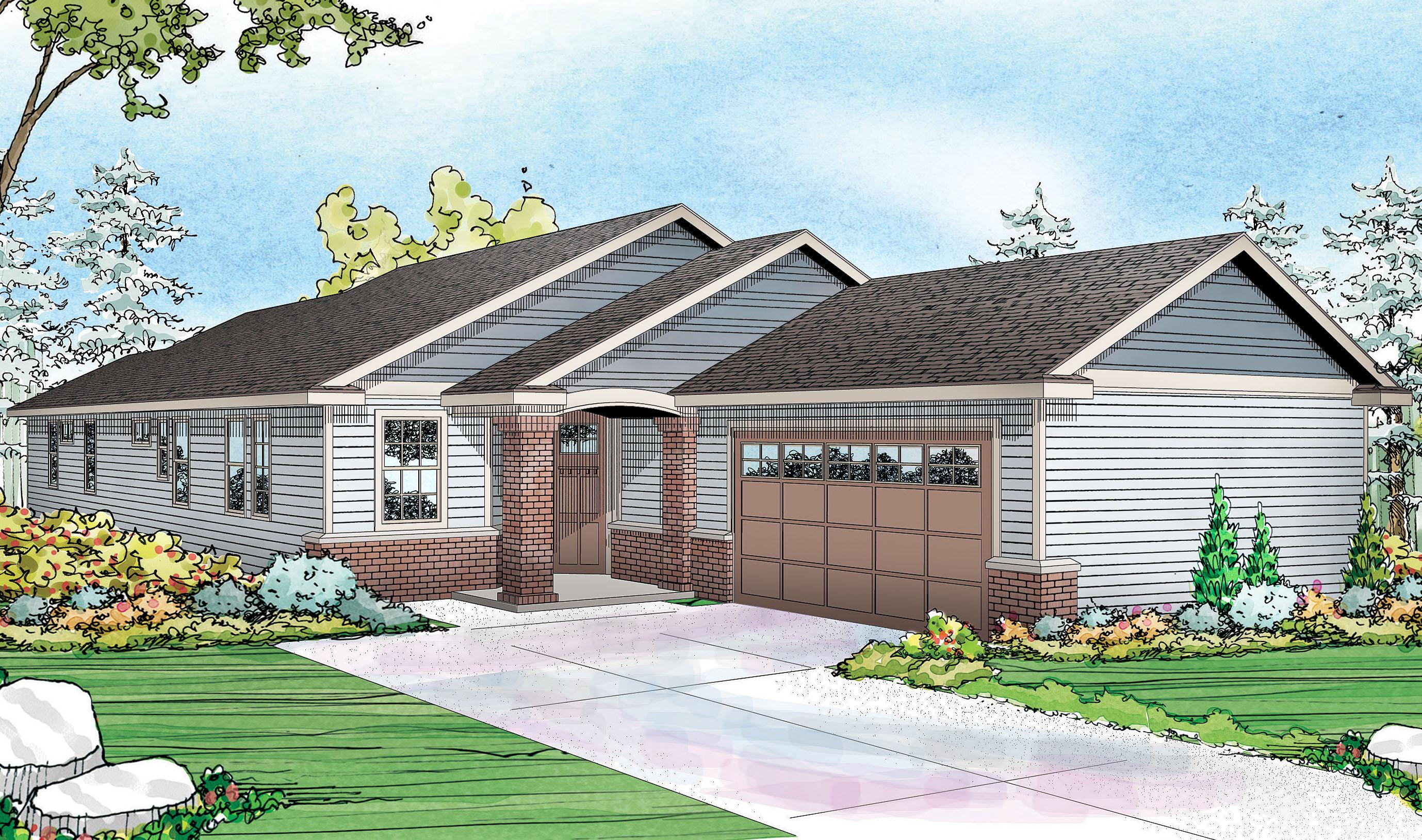 House plan exterior, one-story Ranch style, with gabled roof, brick accents, covered entry, and attached two-car garage.