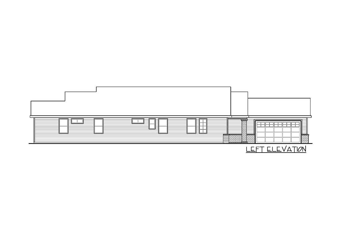 Left elevation drawing of a single-story house plan with a two-car garage, clapboard siding, and multiple windows.