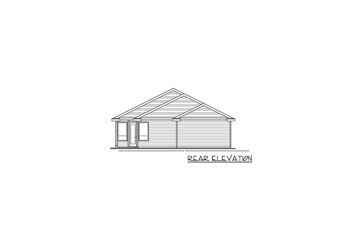 Rear elevation drawing of a single-story house with a gable roof, a central door, and two windows.