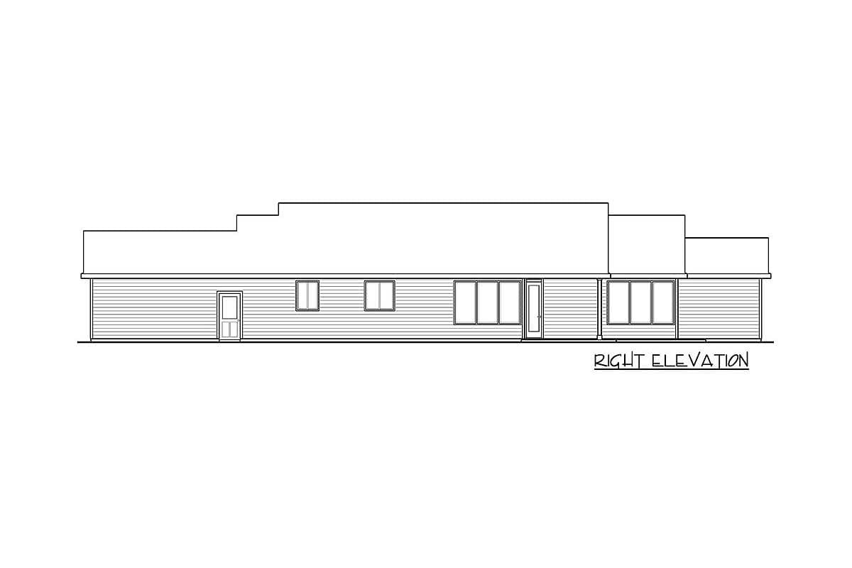 Right elevation drawing of a house plan featuring horizontal siding, two doors, and multiple windows with a stepped roofline.