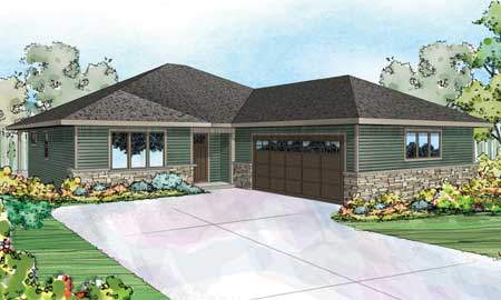 House plan exterior: One-story ranch with horizontal siding, stone base, and attached two-car garage.