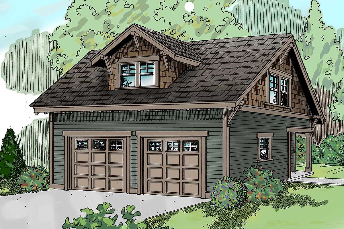 House plan exterior: Craftsman style with two-car garage, dormer, shingled gables, and paneled garage doors.