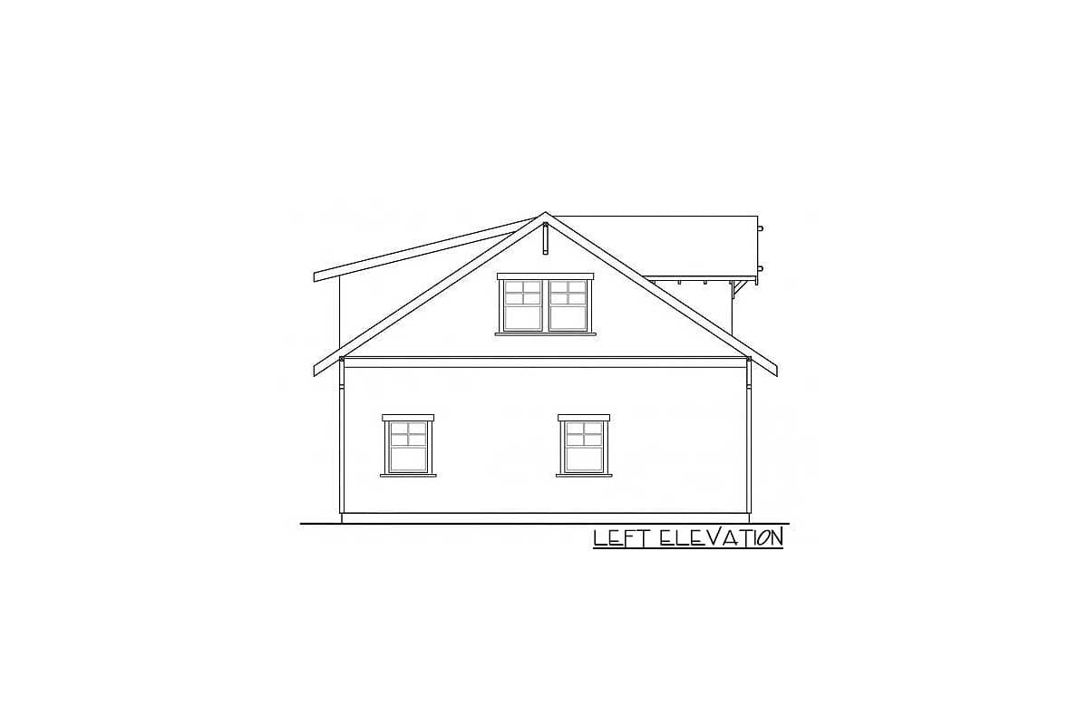 Left elevation drawing of a two-story house plan with gable roof and two dormer windows.