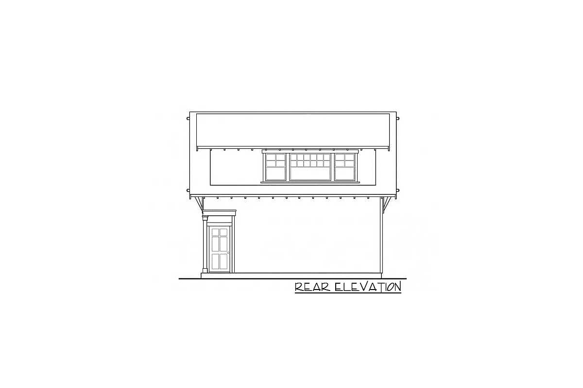 Rear elevation drawing of a two-story house with a central door and a multi-pane window above.