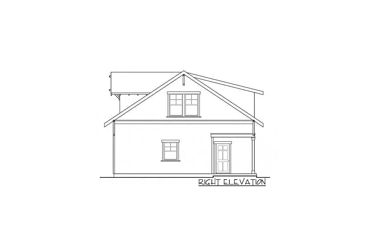 Right elevation drawing of a two-story house plan with gabled roof, dormer, and covered entry.