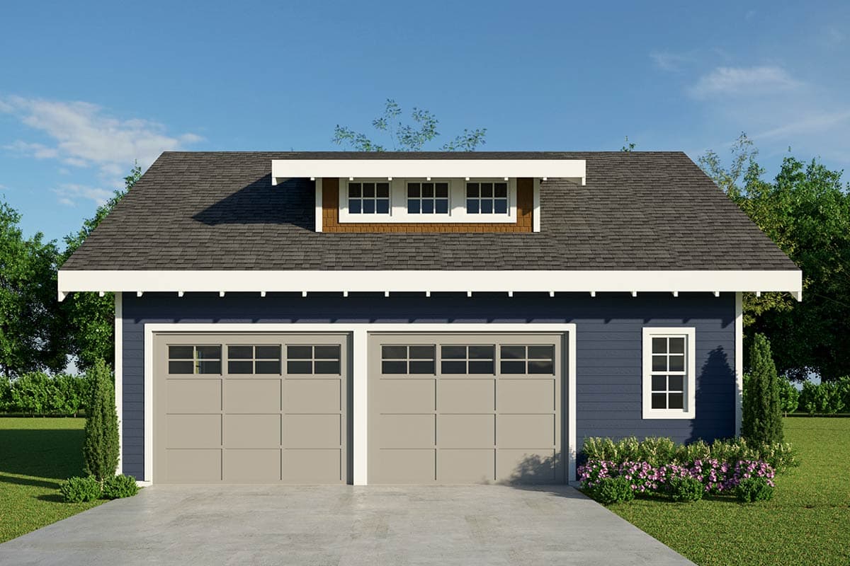 House plan exterior: Two-car garage with dormer, segmented garage doors, and a single side window.