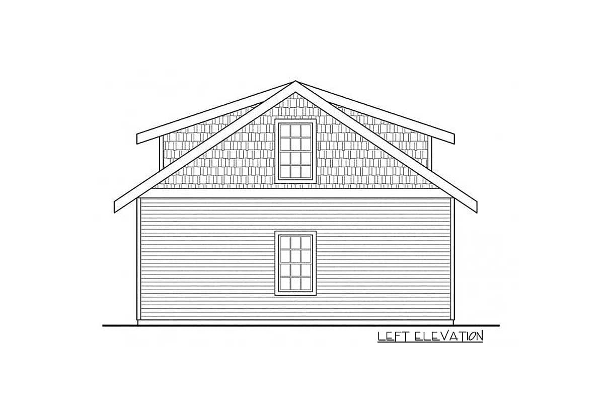 House plan left elevation drawing showing clapboard siding, a gabled dormer with shingle siding, and a prominent roofline.