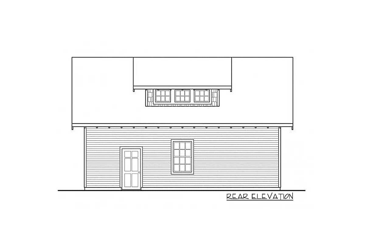 Rear elevation house plan drawing showing a door, window, and multiple dormer windows on the upper level.