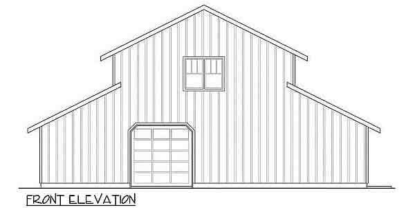 Front elevation drawing of a two-story house plan with a gambrel roof, a large garage door, and a dormer window.