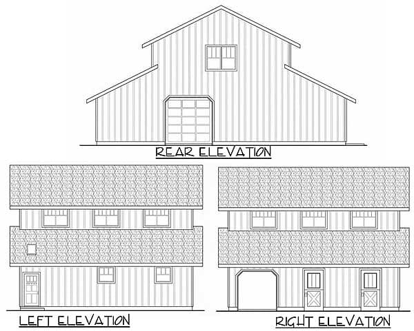 Rear, left, and right elevation drawings of a two-story house plan with a barn-style roof and a garage.