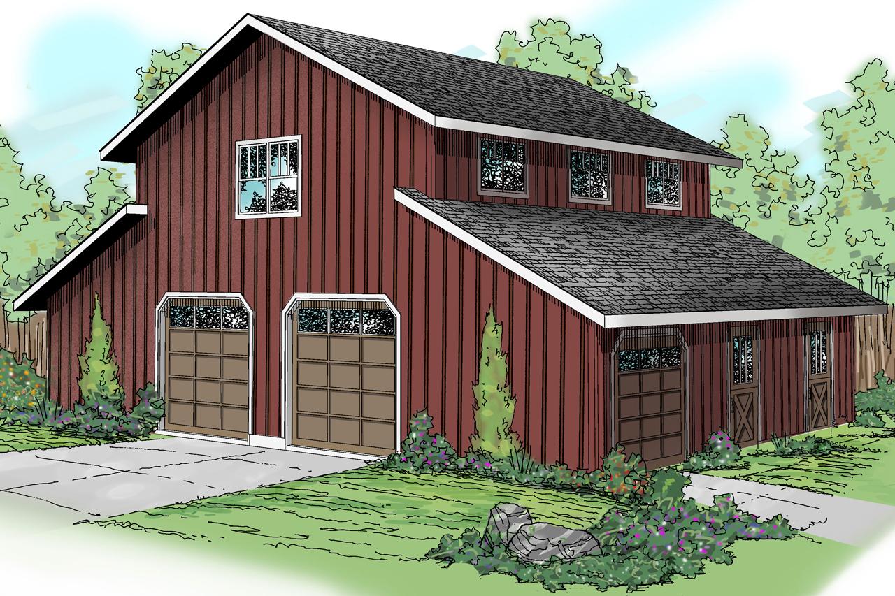House plan exterior of a two-story barn-style building with three garage bays, upper-level windows, and vertical siding.