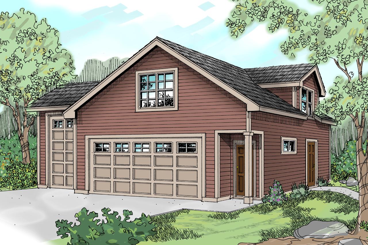 House plan exterior: Traditional style with three garage bays, prominent gable dormer, and covered entry.