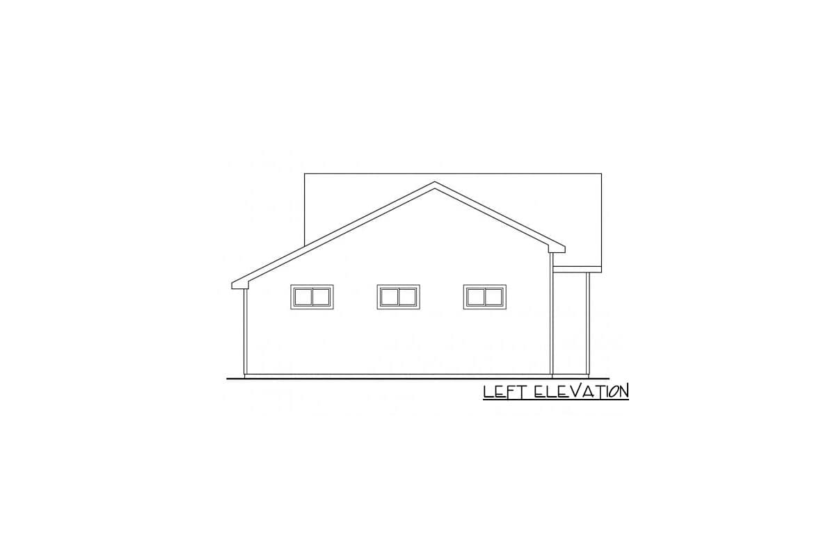 Left elevation house plan drawing showing a gabled roofline and three windows on the left wall.