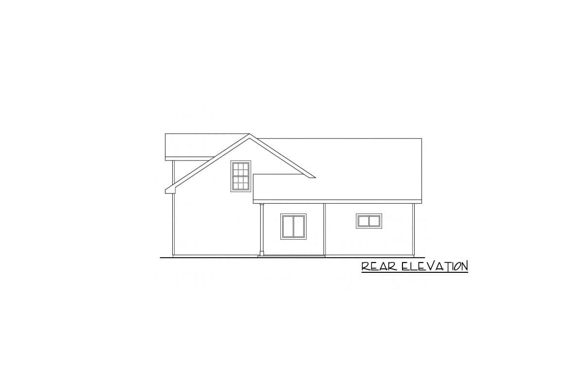 Rear elevation drawing of a house plan with a gable roof, dormer window, and two rectangular windows.