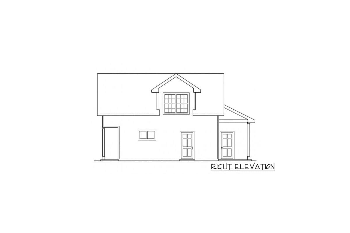 Right elevation drawing of a house plan, showing a dormer window, two doors, and a small rectangular window.