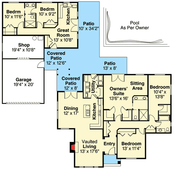 Plan 72797DA: 3 Bed Ranch with 2 Bed Guest Cottage - Floor Plan - Main Level - Northwest, Ranch