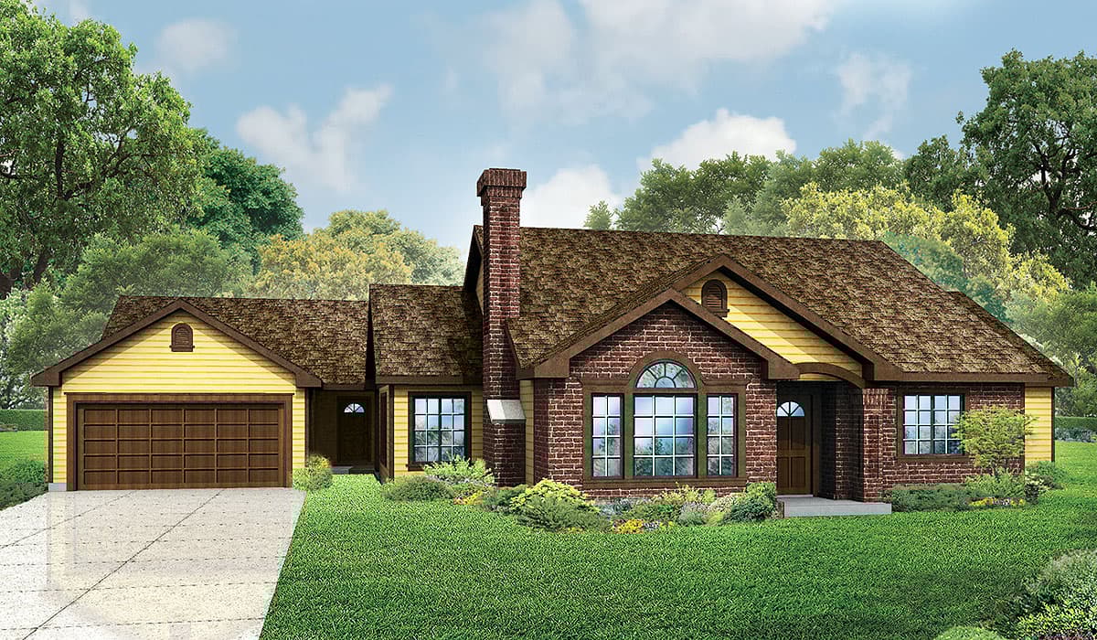 House plan exterior: One-story home with brick and siding, prominent chimney, arched window, and attached garage.