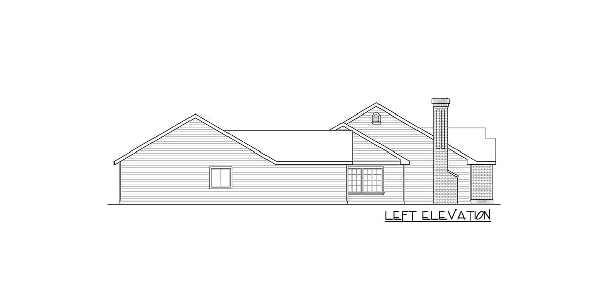 Left elevation drawing of a single-story house plan featuring multiple gables and a prominent brick chimney.