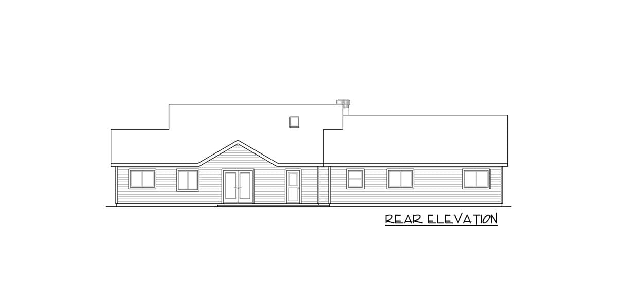 Rear elevation house plan drawing showing a single-story home with a gable roof, double doors, single door, and multiple windows.
