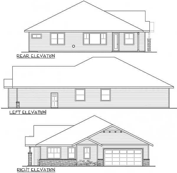 Floor plan drawing showing rear, left, and right elevations of a single-story house with a garage.