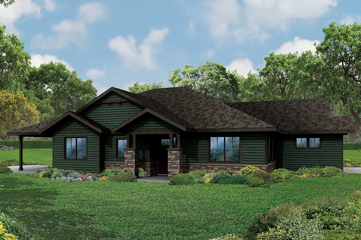 Ranch style house plan exterior with a covered entry, stone accents, and a deep porch.