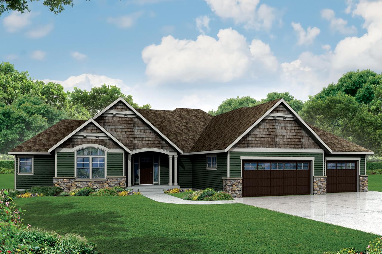 House plan exterior: Ranch style, single-story home with a covered entry, prominent gables, stone accents, and a three-car garage.