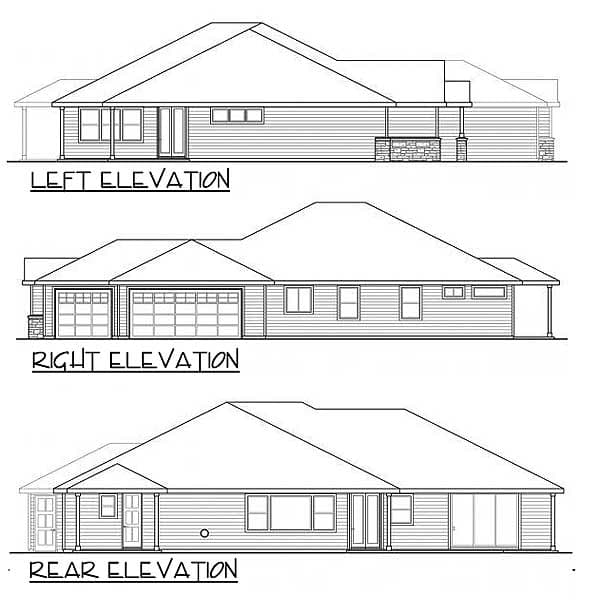 House plan elevations: left, right with double garage, and rear views. Features include pitched roof, siding, windows, and covered entry.