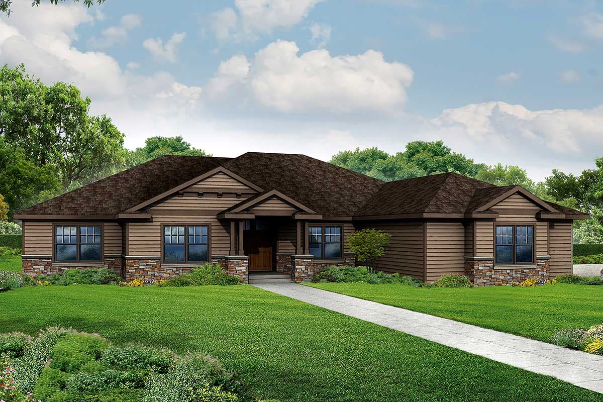 Ranch house plan exterior with stone accents, covered entry porch, multiple gables, and hip rooflines.