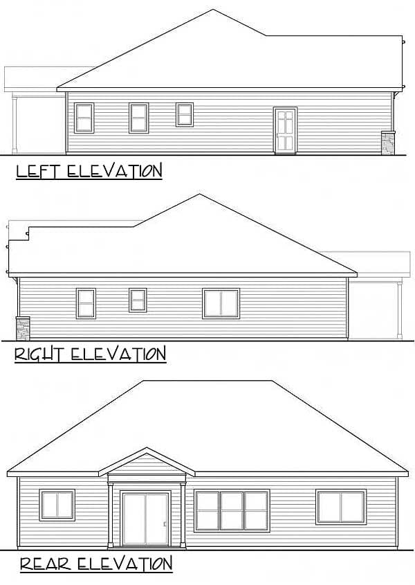 Floor plan elevations showing left, right, and rear views of a single-story house with a gable roof, prominent chimney, and siding.