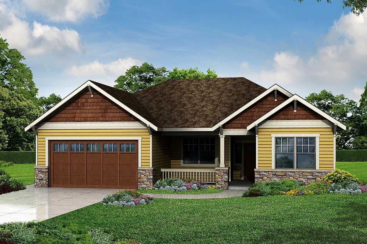 House plan exterior of a one-story home with a covered porch, a two-car garage, gables, and stone accents.