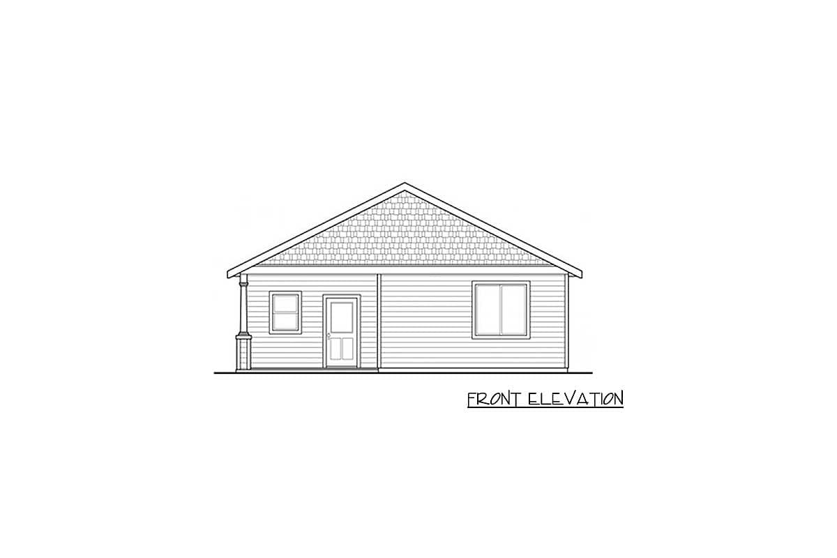 Front elevation drawing of a single-story house with a gable roof, porch column, and two windows.