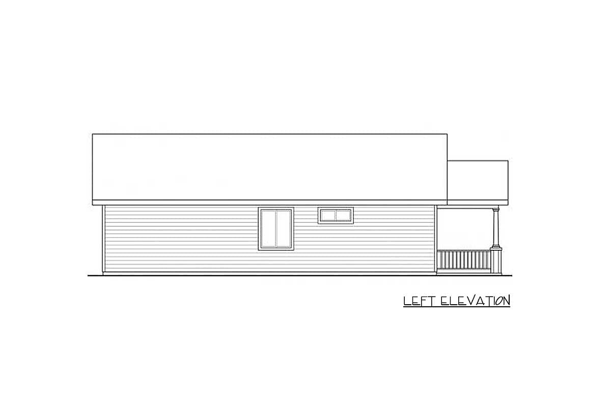 Left elevation drawing of a house plan showing horizontal siding, two windows, and a covered porch with railings.