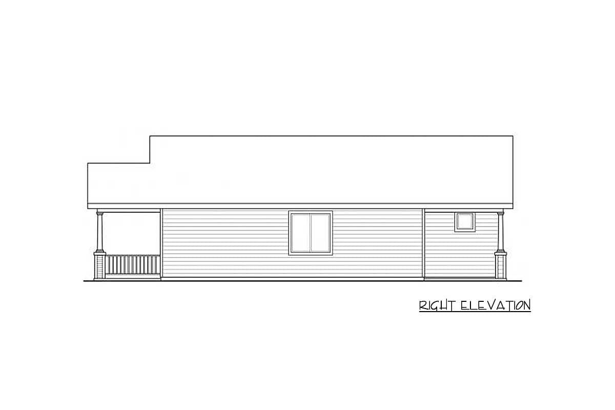 Right elevation drawing of a single-story house plan with a covered porch, horizontal siding, and one window.